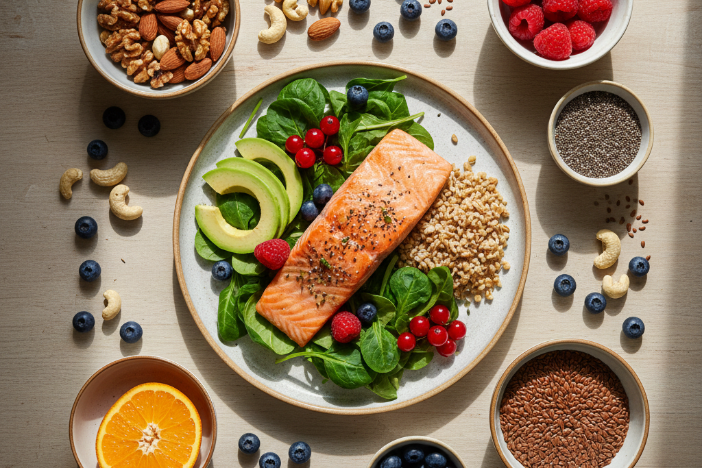 Flat-lay av en tallerken med laks, avokado, grønnsaker og fullkorn omgitt av nøtter, frø og frukt