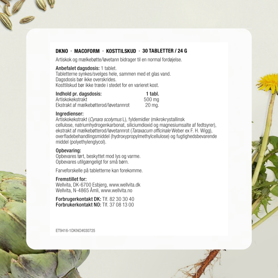 Macoform kosttilskudd med artisjokk- og løvetannekstrakt for bedre fordøyelse og leverfunksjon, 60 tabletter.
