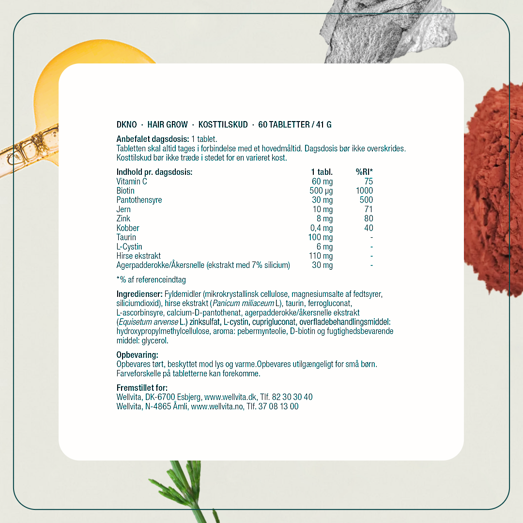 Hair Grow kosttilskudd med biotin, åkersnelle og hirseekstrakt for styrking av hårvekst, 60 tabletter