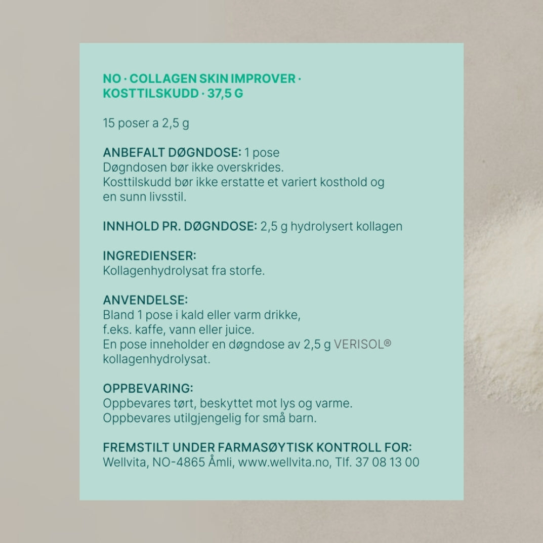 Collagen Skin Improver pulver i porsjonspose for bedre hudelastisitet og redusert rynker og cellulitter