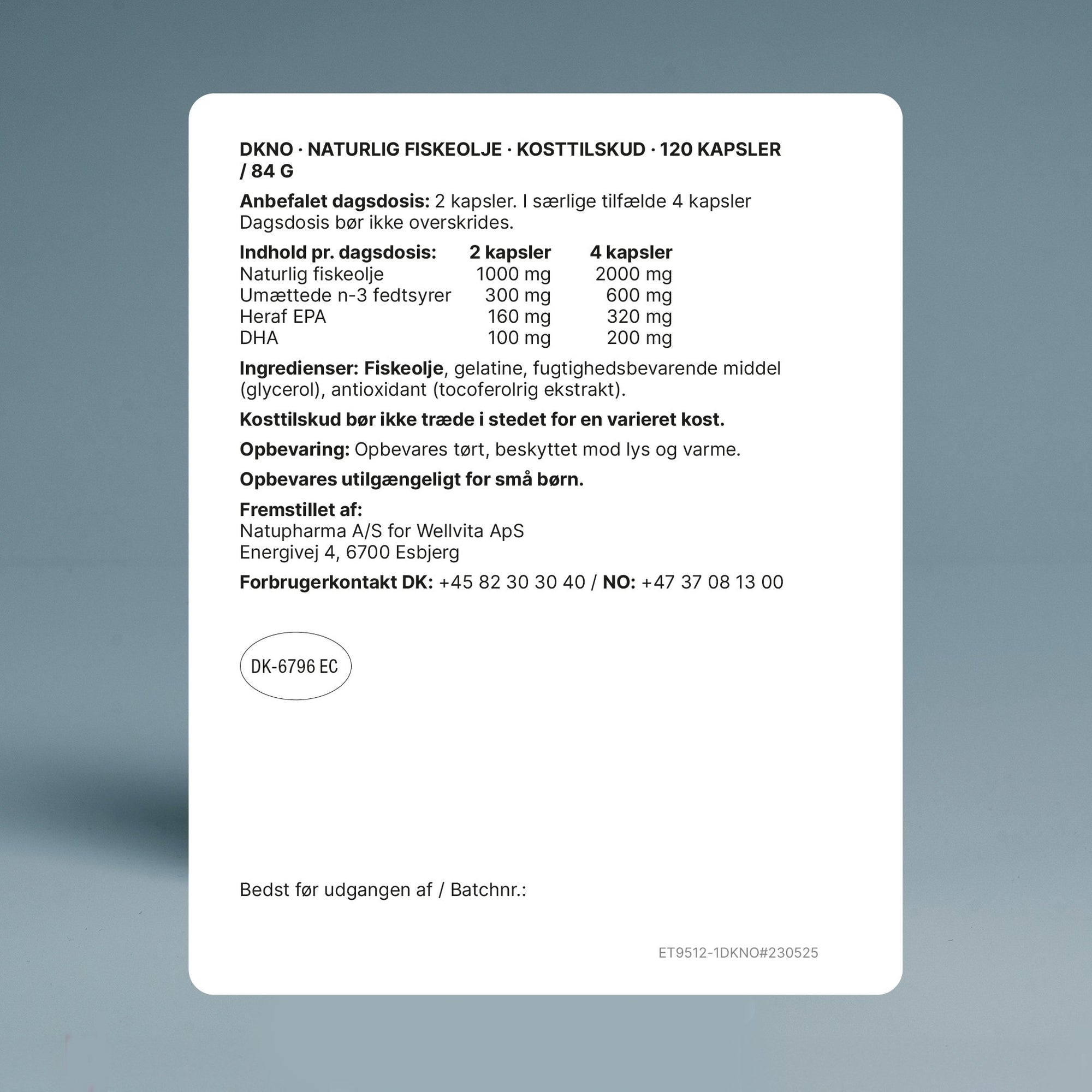 Wellvita fiskeolje kosttilskudd med omega-3 for hjerte og hjernefunksjon, 120 kapsler