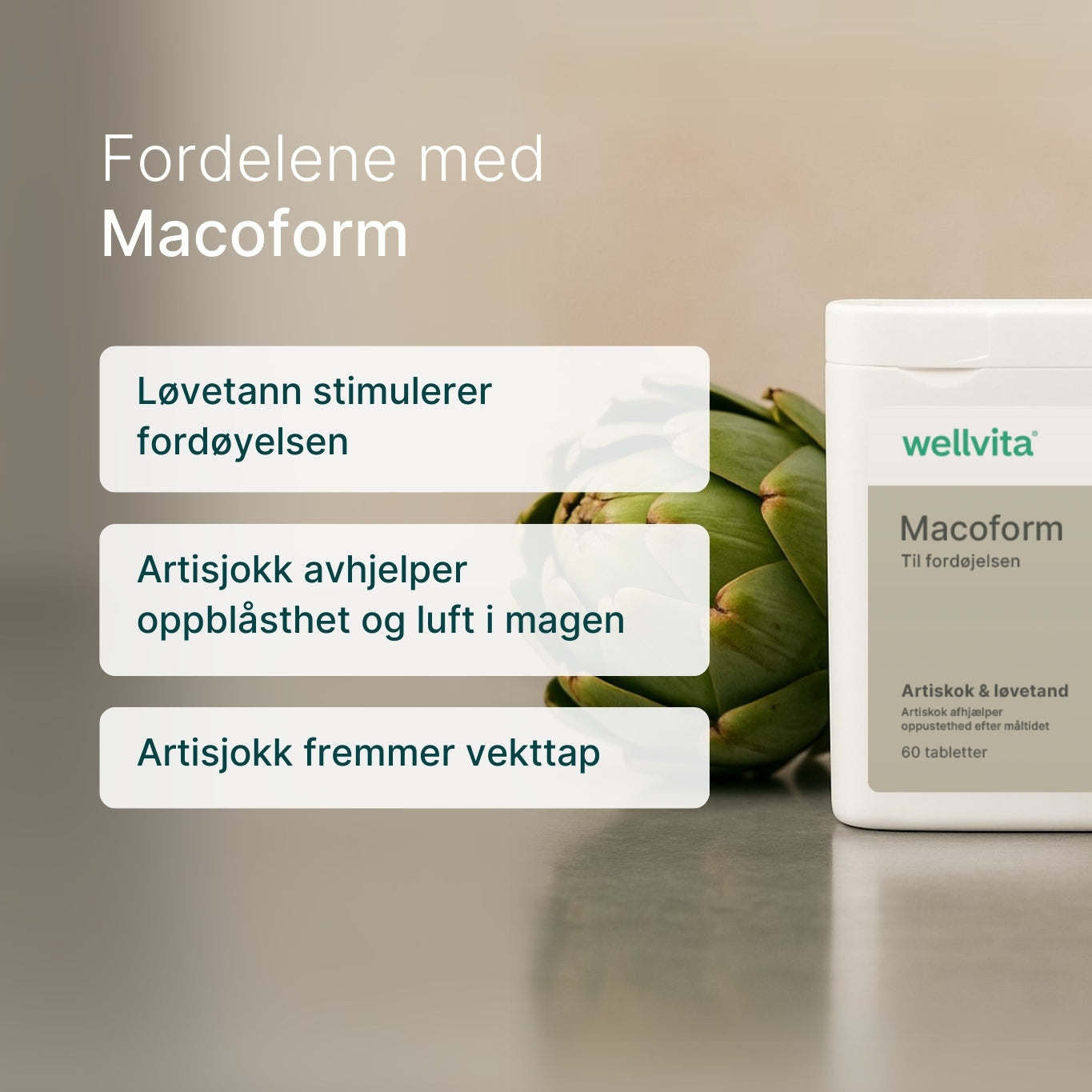 Macoform kosttilskudd med artisjokk og løvetann for fordøyelse og leverstøtte, 60 tabletter, Wellvita.