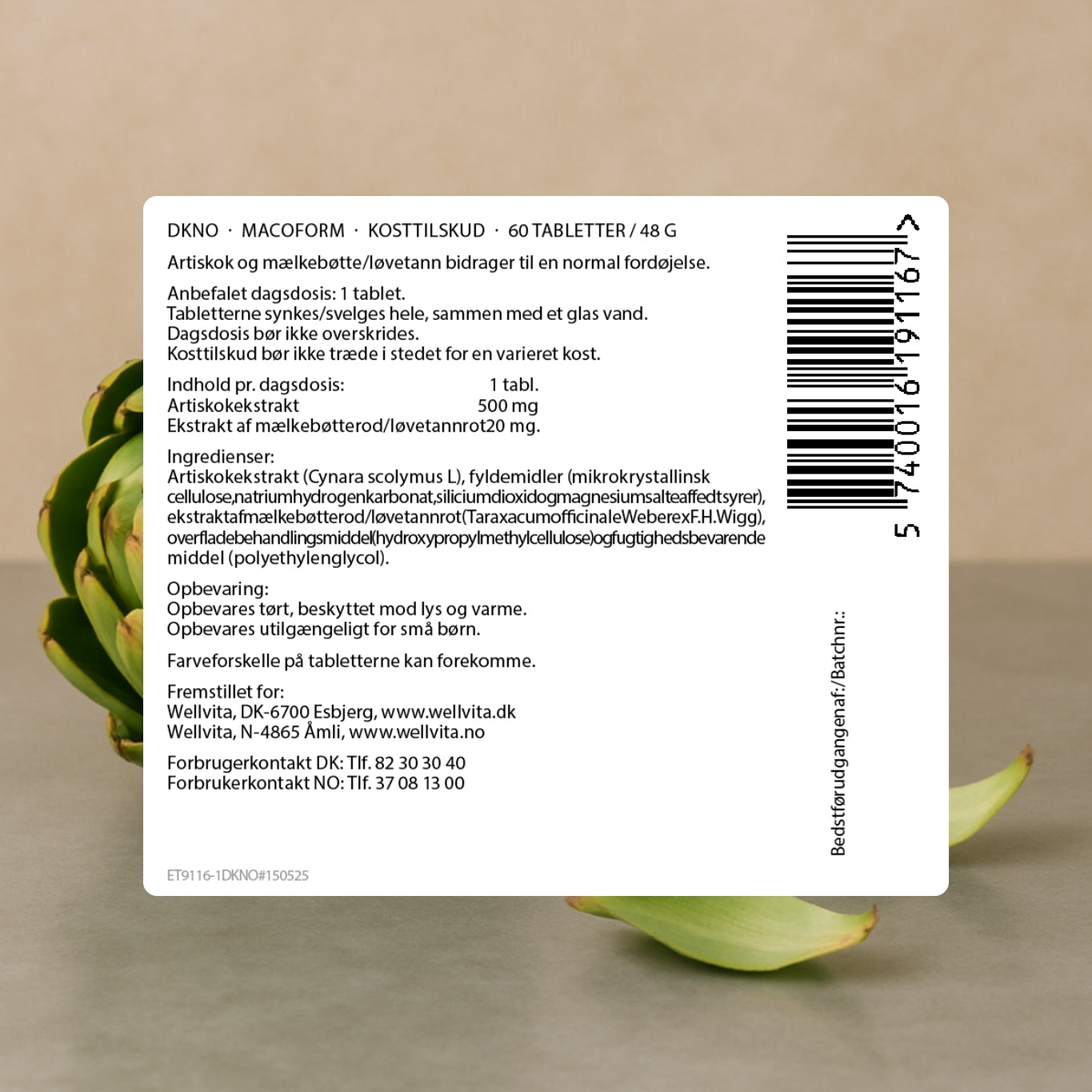Macoform kosttilskudd med artisjokk og løvetann for fordøyelse og leverstøtte, 60 tabletter, Wellvita.