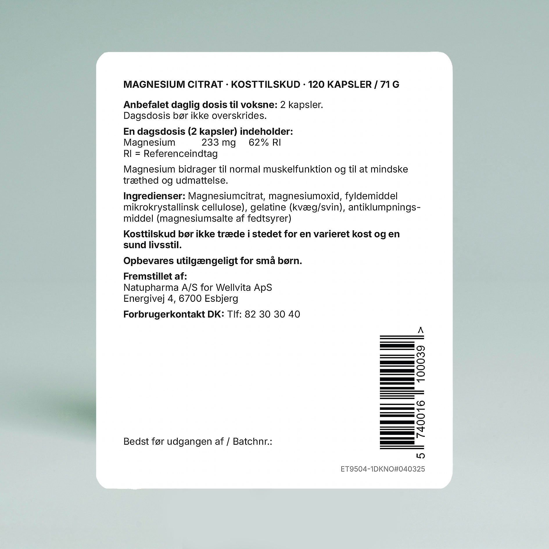 Magnesium Citrat kosttilskudd for normal muskelfunksjon og redusert tretthet i 120 kapsler fra Wellvita