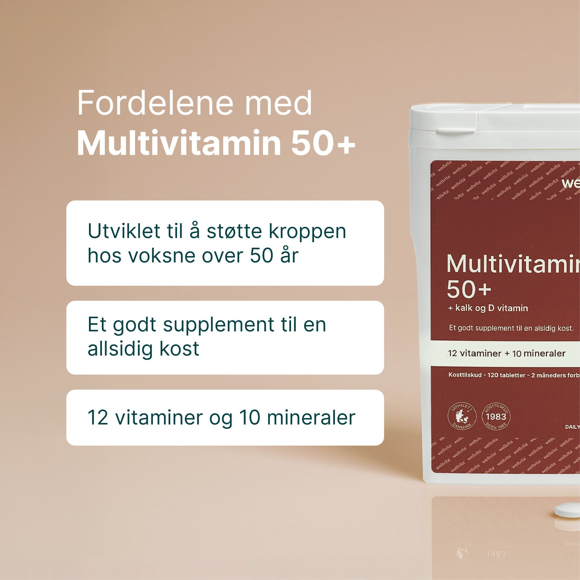 boks med Wellvita Multivitamin 50+ kosttilskudd med 12 vitaminer og 10 mineraler for voksne over 50 år