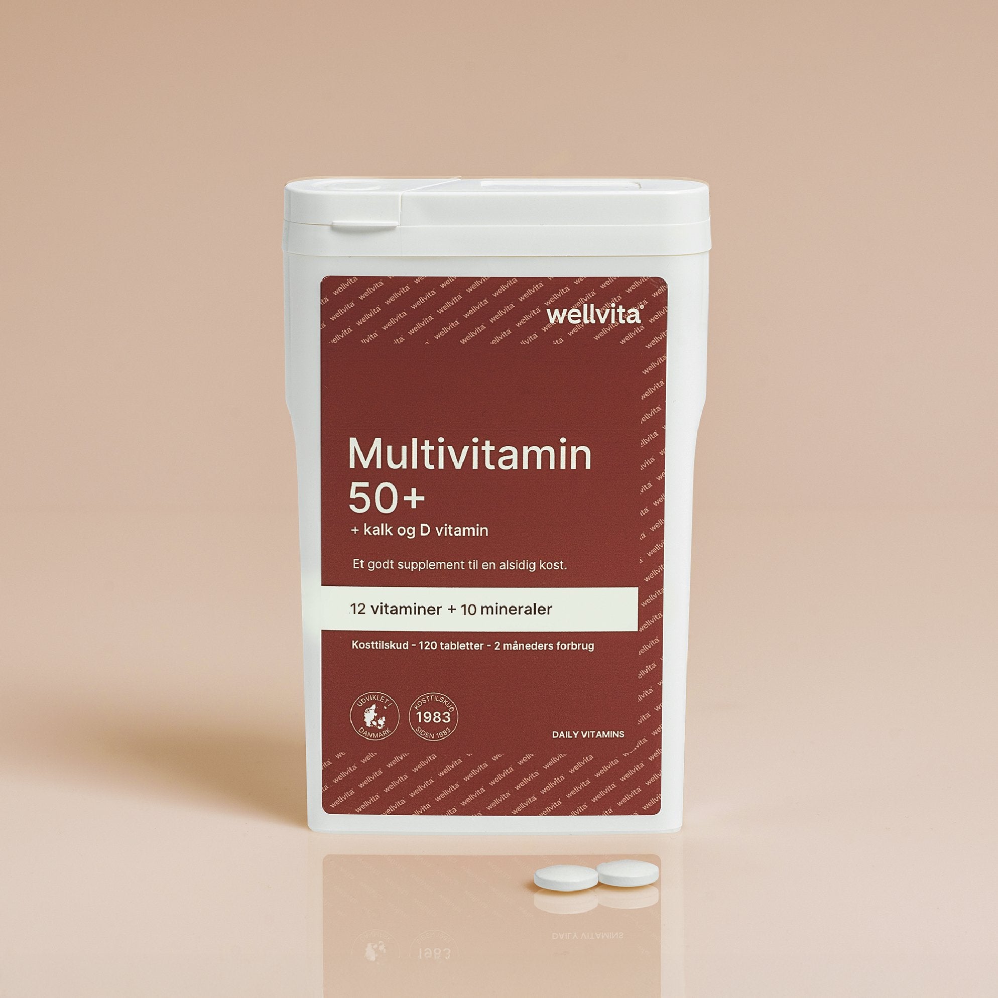 boks med Wellvita Multivitamin 50+ kosttilskudd med 12 vitaminer og 10 mineraler for voksne over 50 år