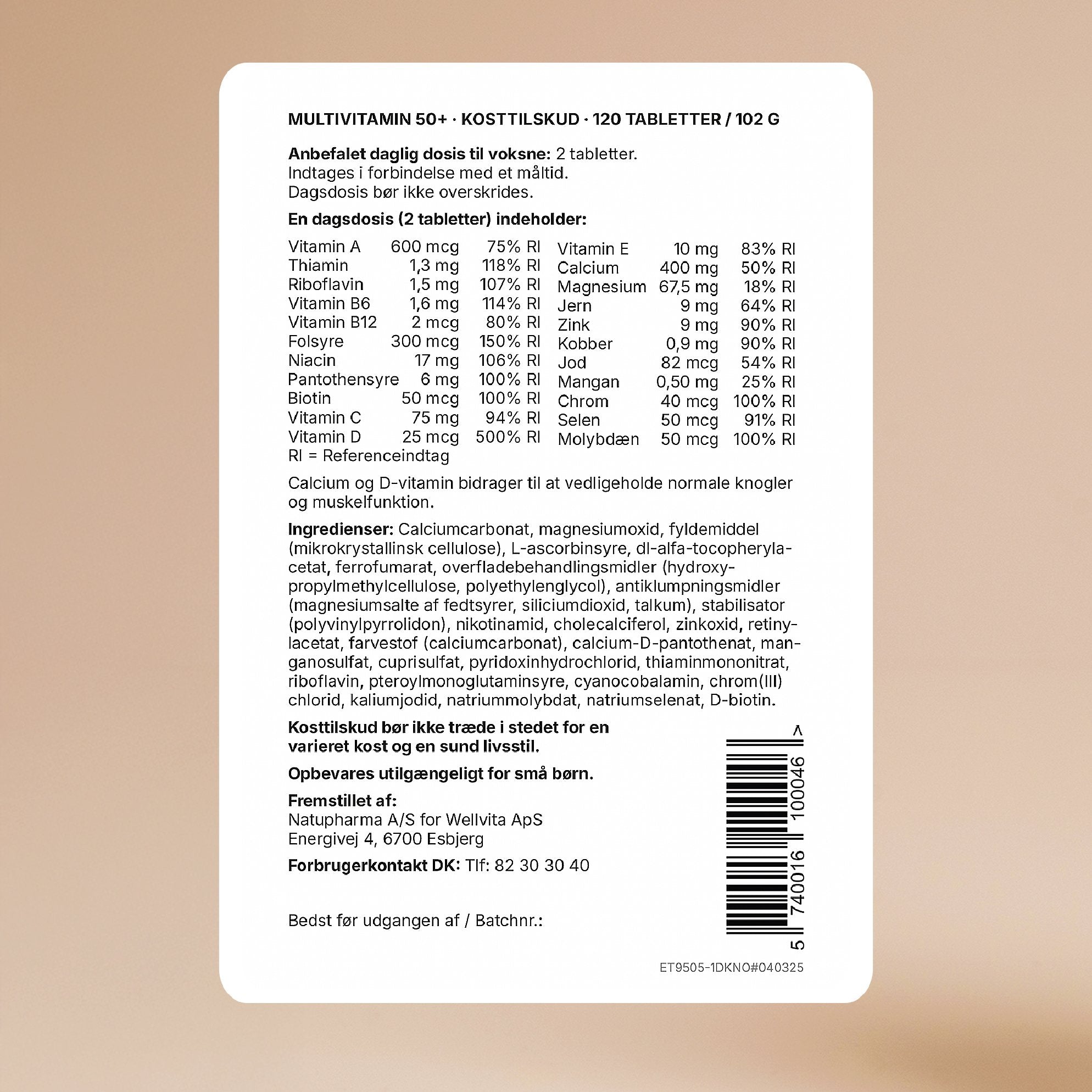 boks med Wellvita Multivitamin 50+ kosttilskudd med 12 vitaminer og 10 mineraler for voksne over 50 år