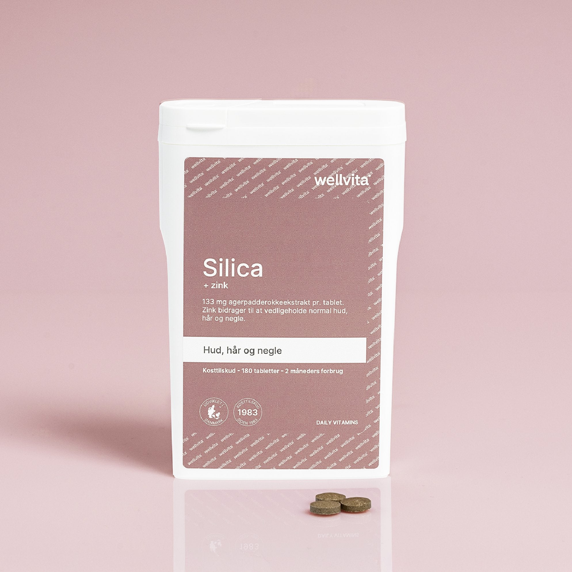 Wellvita Silica kosttilskudd med sink for hud, hår og negler, 180 tabletter, 2 måneders forbruk.