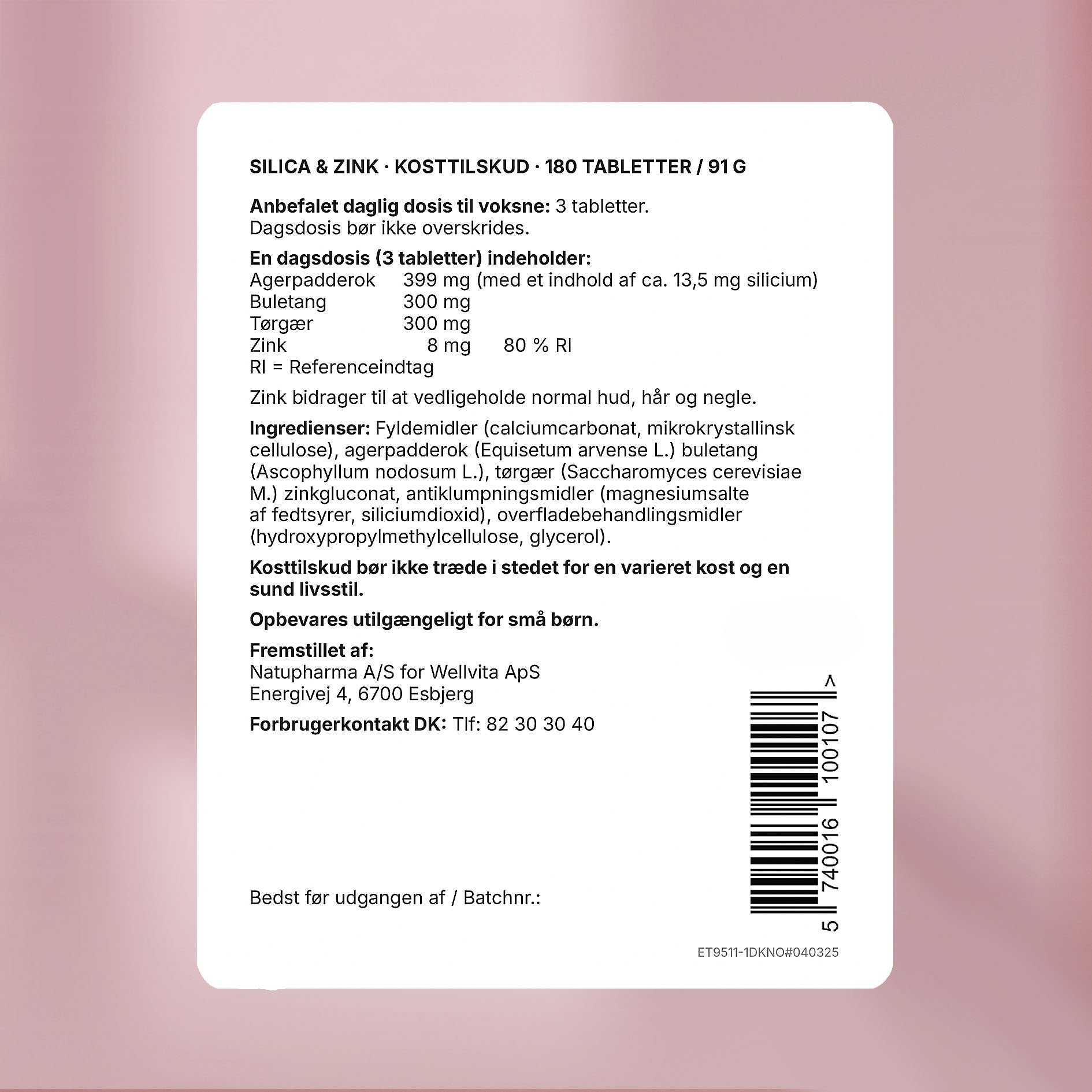 Wellvita Silica kosttilskudd med sink for hud, hår og negler, 180 tabletter, 2 måneders forbruk.