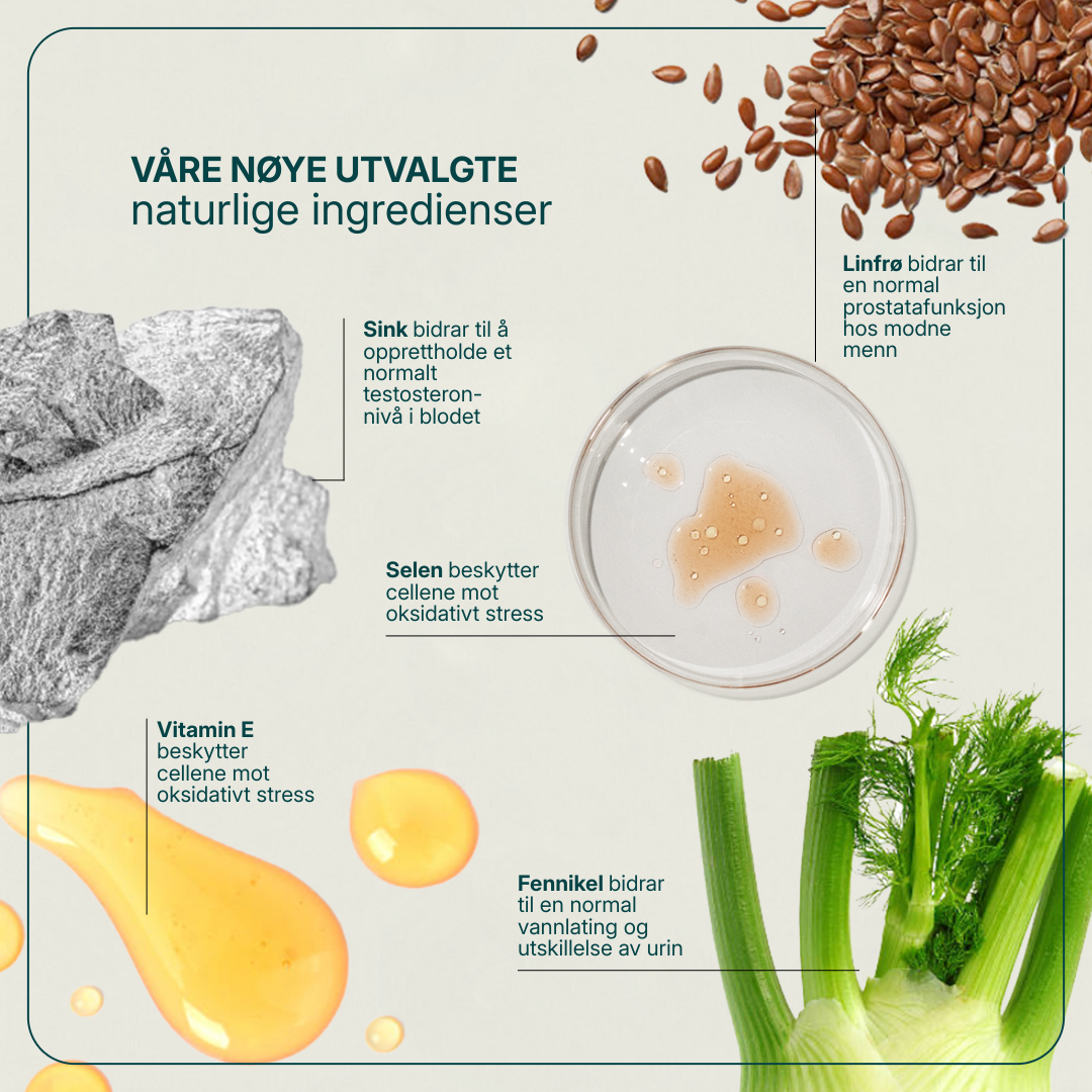 Prostabona Plus kosttilskudd med linfrø, fennikel, sink og vitamin E for normal prostatafunksjon og vannlating.