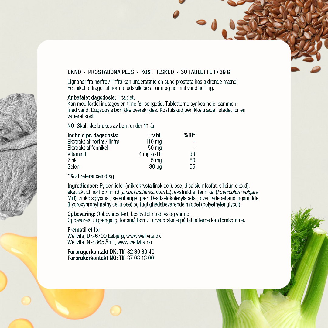 Prostabona Plus kosttilskudd med linfrø, fennikel, sink og vitamin E for normal prostatafunksjon og vannlating.