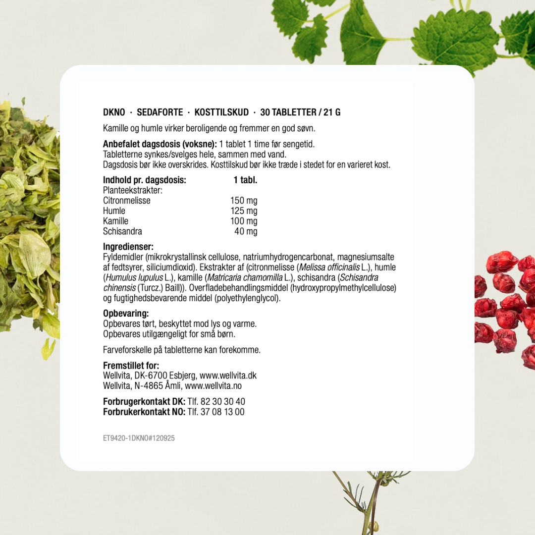 Sedaforte kosttilskudd med sitronmelisse, humle, kamille og schisandra for avslapning og bedre søvn, 60 tabletter.