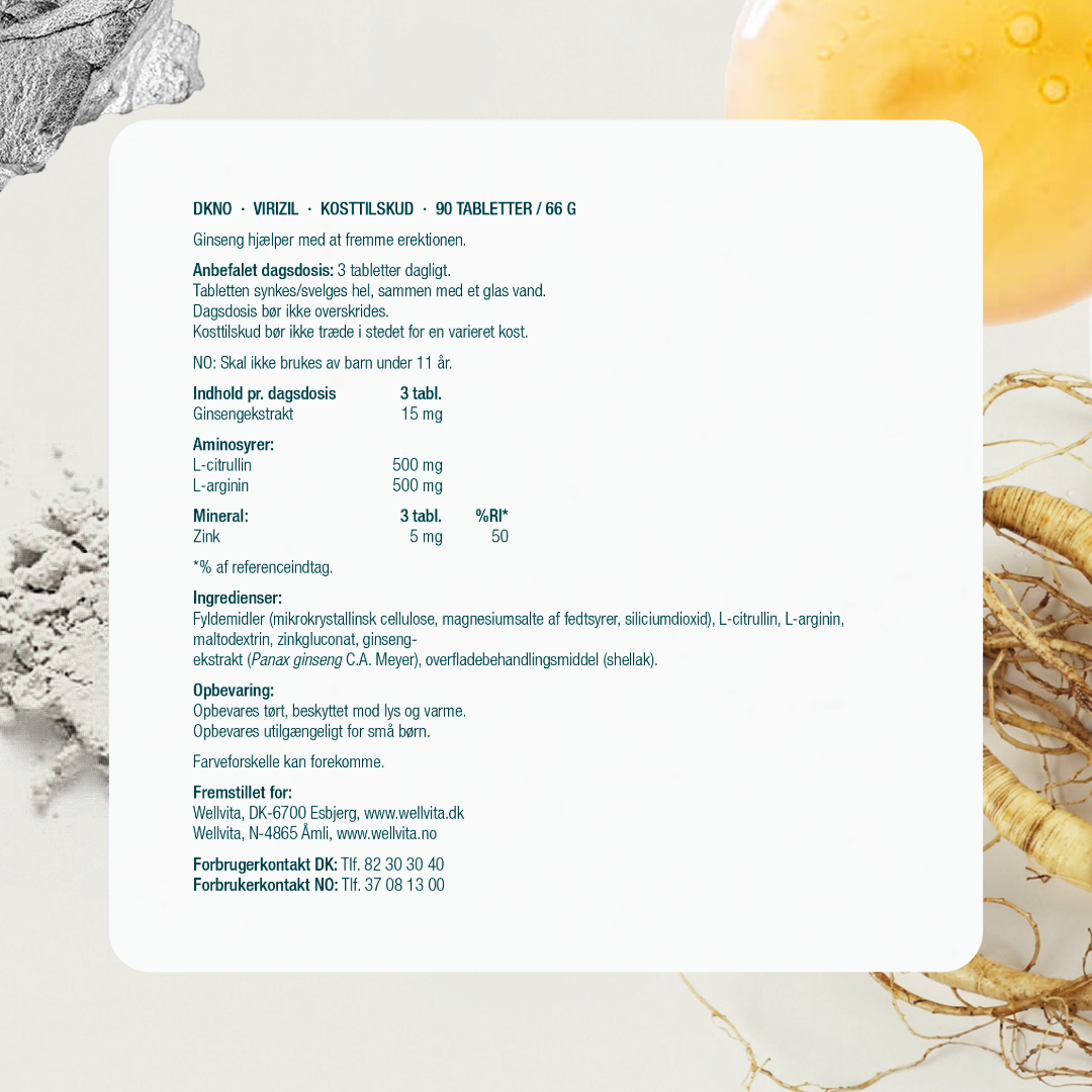 Wellvita Virizil kosttilskudd for menn med ginseng, L-citrullin, L-arginin og sink, 90 tabletter.
