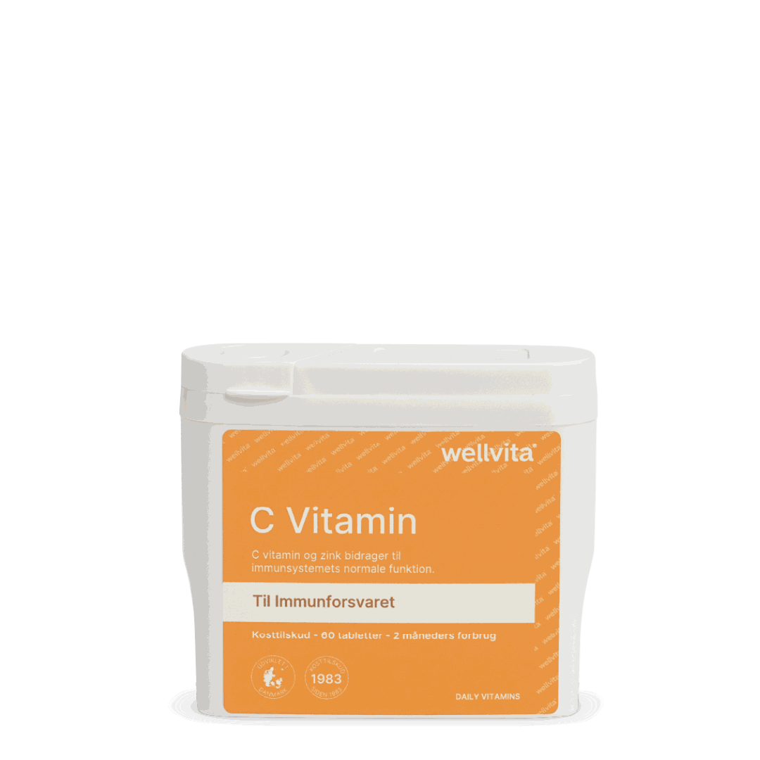 Emballasje av Vitamin C kosttilskudd i en hvit plastbeholder med oransje etikett som viser produktnavn