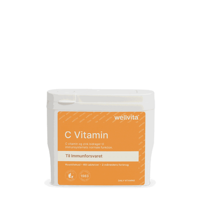 Emballasje av Vitamin C kosttilskudd i en hvit plastbeholder med oransje etikett som viser produktnavn