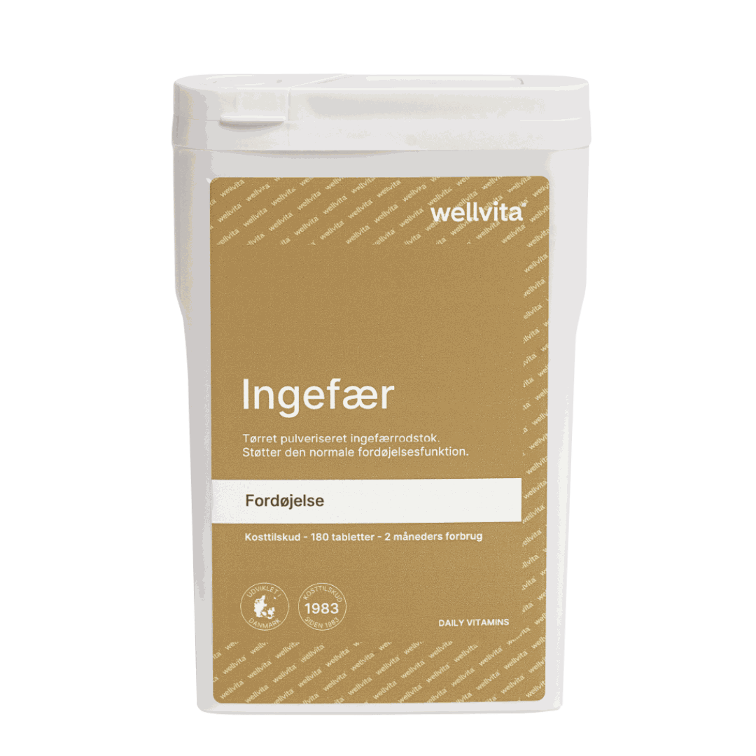 Ingefær kosttilskudd med tørket pulverisert ingefærrot for fordøyelse fra Wellvita, 180 tabletter.