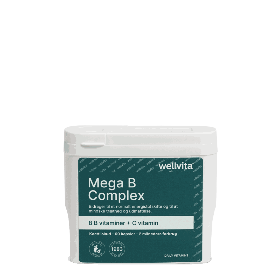 boks med Mega B Complex vitamintilskudd fra Wellvita med 8 B-vitaminer og C-vitamin for energi og redusert tretthet