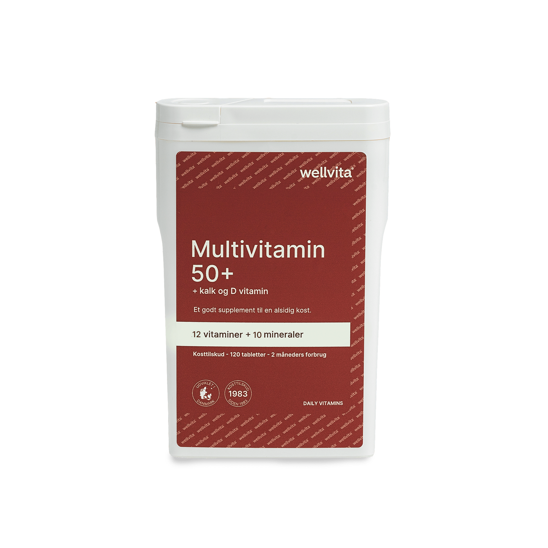boks med Wellvita Multivitamin 50+ kosttilskudd med 12 vitaminer og 10 mineraler for voksne over 50 år