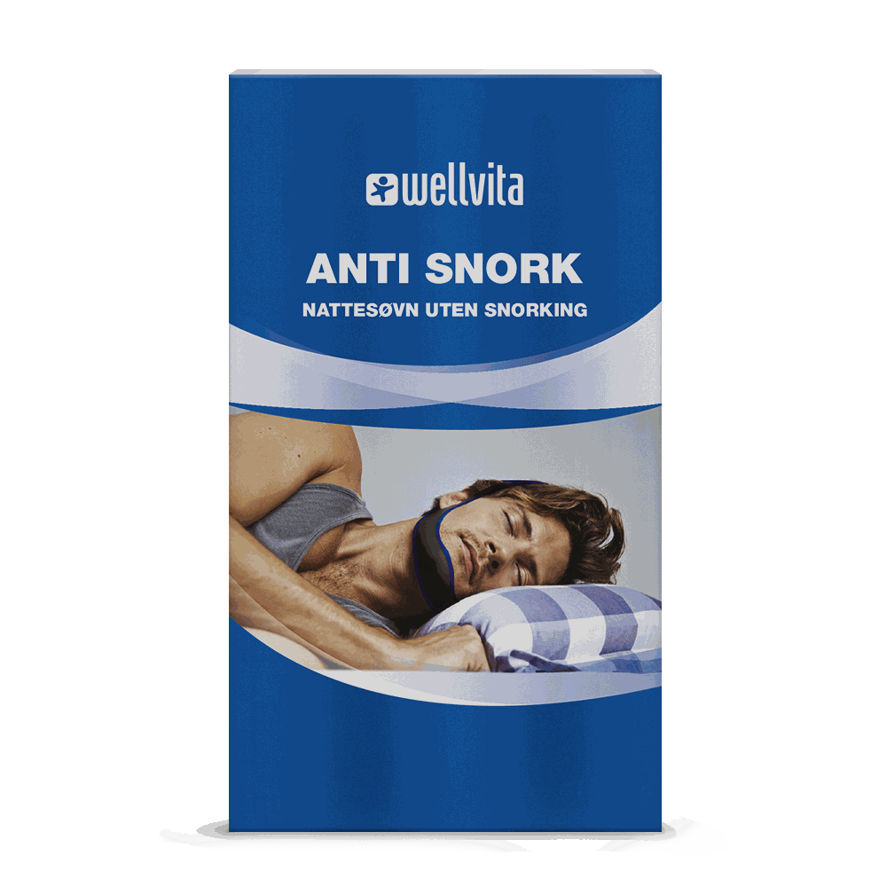 Wellvita Anti Snork maske som støtter underkjeven for å forhindre snorking og forbedre søvnkvalitet.