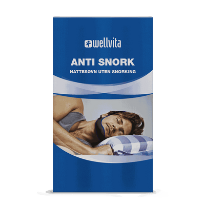 Wellvita Anti Snork maske som støtter underkjeven for å forhindre snorking og forbedre søvnkvalitet.