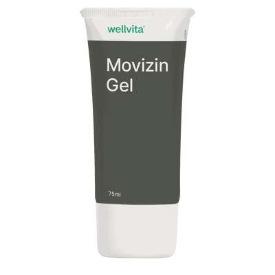 Movizin Gel 75 ml tube for kjølende lindring av ømme muskler og ledd med ingefær.